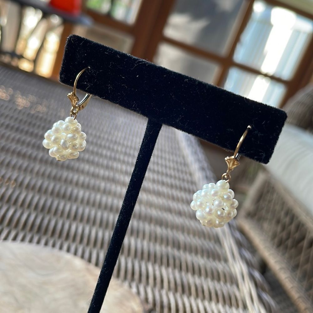Vintage PPC Signed 14K Gold Pearl Cluster Dangle Earrings